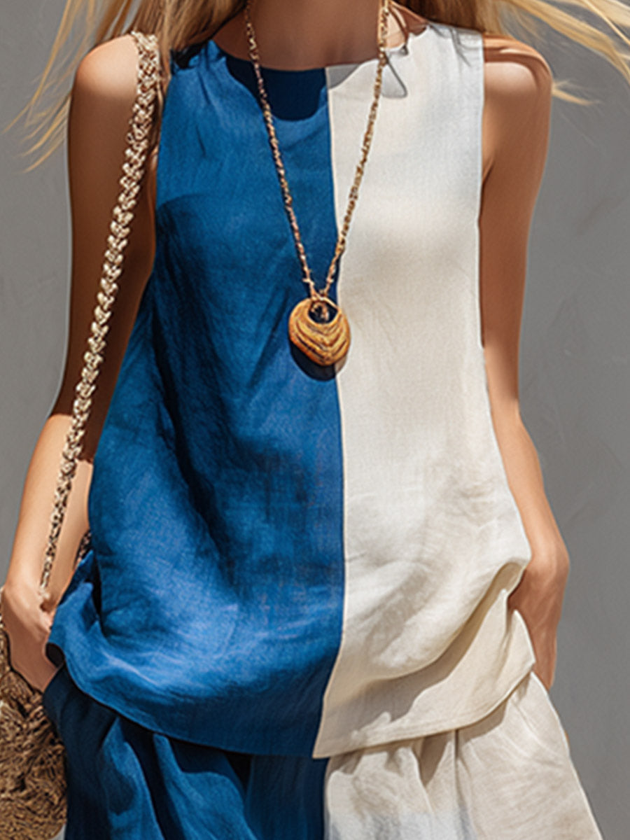Michelle™ Elegant Urban Color-Block Cotton-Linen Vest & Trousers Set