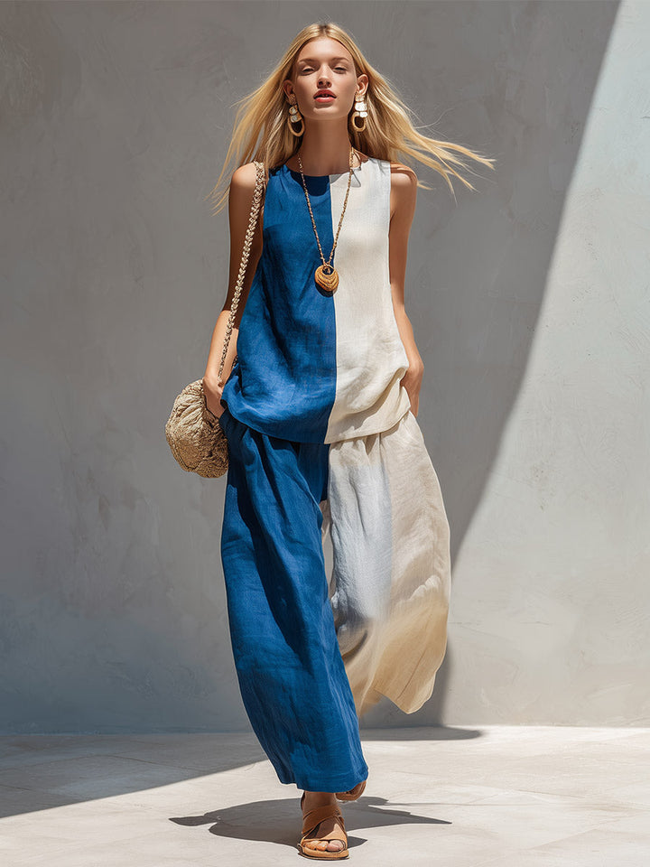 Michelle™ Elegant Urban Color-Block Cotton-Linen Vest & Trousers Set