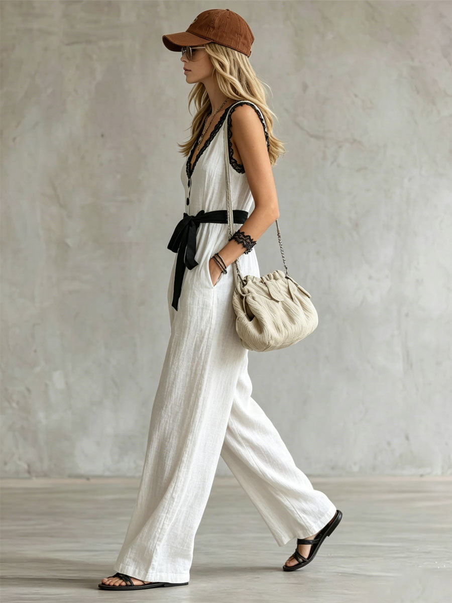 Cindy™ | Color-blocked Lace-trimmed V-neck Tie-up Wide-leg Cotton-linen Jumpsuit