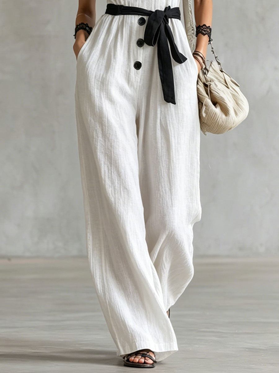 Cindy™ | Color-blocked Lace-trimmed V-neck Tie-up Wide-leg Cotton-linen Jumpsuit