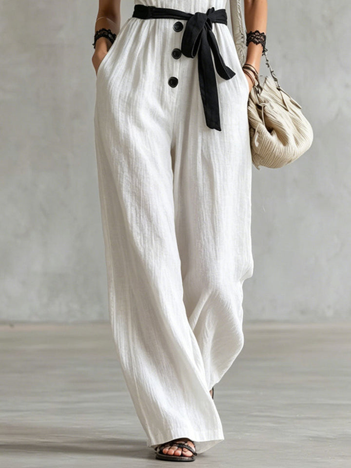 Cindy™ | Color-blocked Lace-trimmed V-neck Tie-up Wide-leg Cotton-linen Jumpsuit