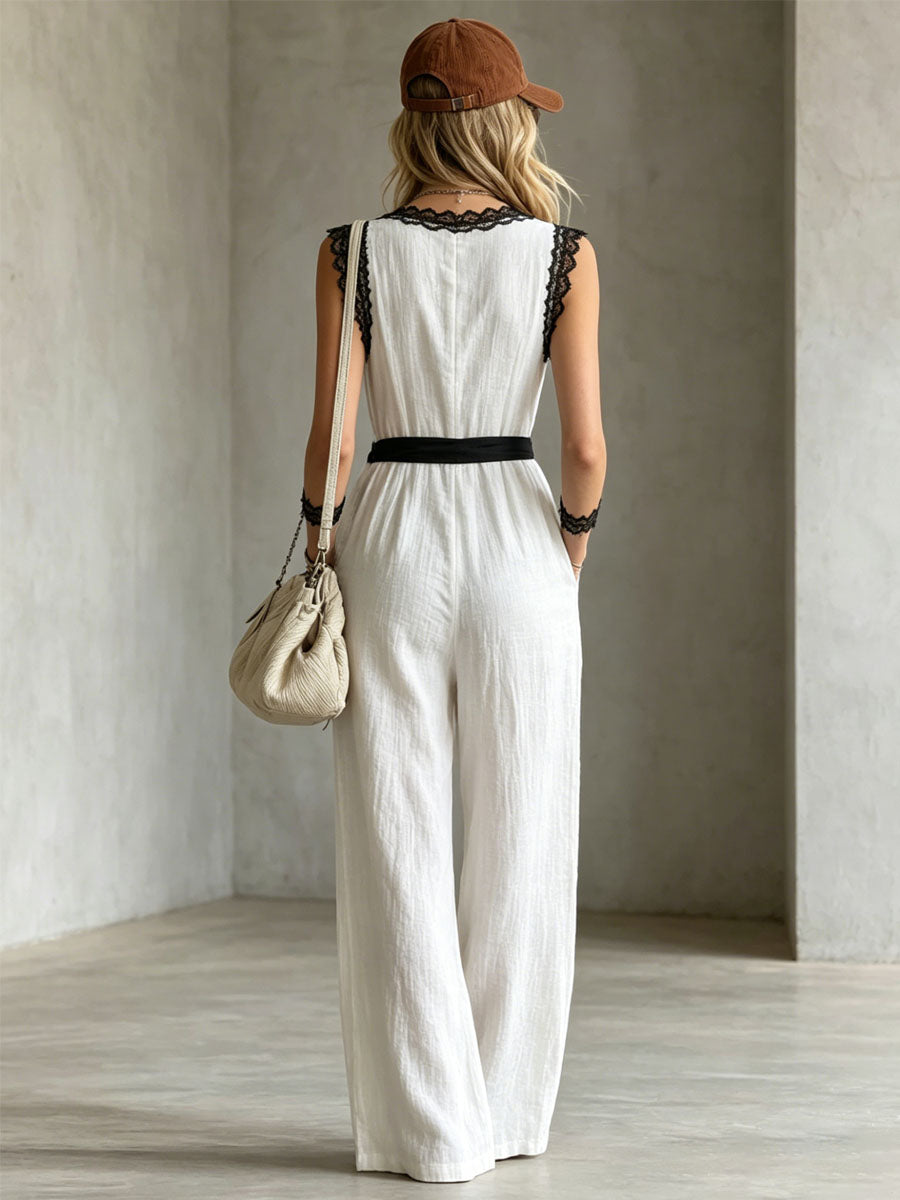 Cindy™ | Color-blocked Lace-trimmed V-neck Tie-up Wide-leg Cotton-linen Jumpsuit