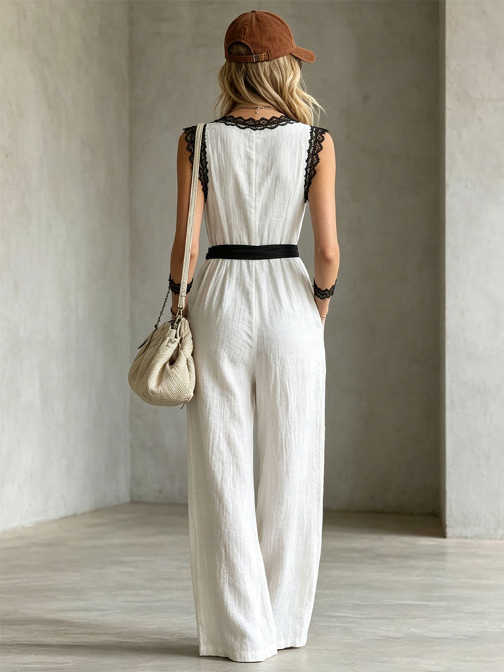 Cindy™ | Color-blocked Lace-trimmed V-neck Tie-up Wide-leg Cotton-linen Jumpsuit