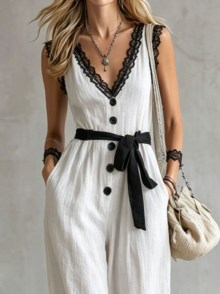 Cindy™ | Color-blocked Lace-trimmed V-neck Tie-up Wide-leg Cotton-linen Jumpsuit
