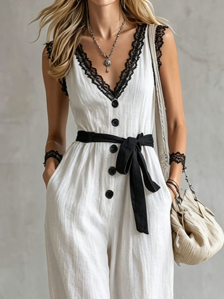 Cindy™ | Color-blocked Lace-trimmed V-neck Tie-up Wide-leg Cotton-linen Jumpsuit
