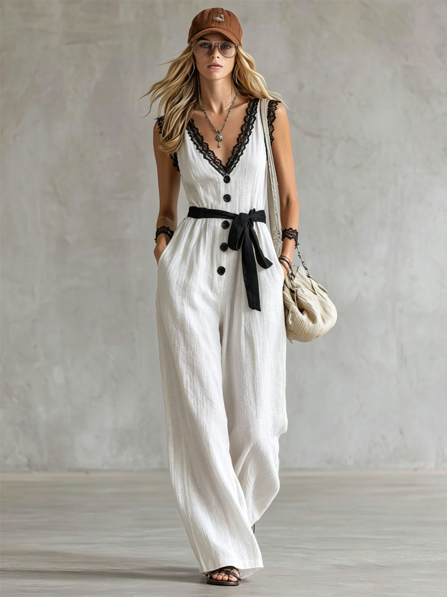 Cindy™ | Color-blocked Lace-trimmed V-neck Tie-up Wide-leg Cotton-linen Jumpsuit