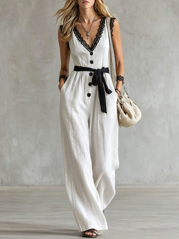 Cindy™ | Color-blocked Lace-trimmed V-neck Tie-up Wide-leg Cotton-linen Jumpsuit