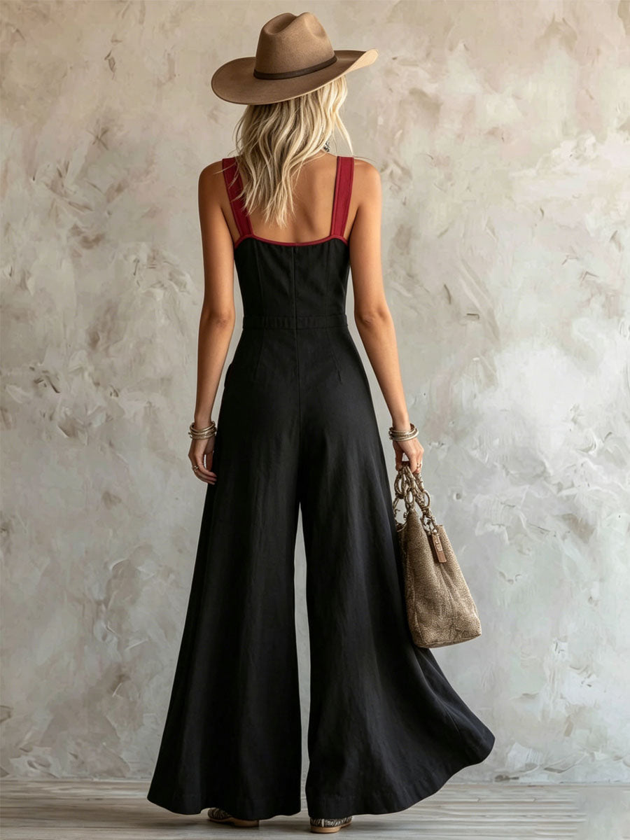 Tracy™ | Wide-strap Color-blocked Zipper Sleeveless Cotton-linen Jumpsuit