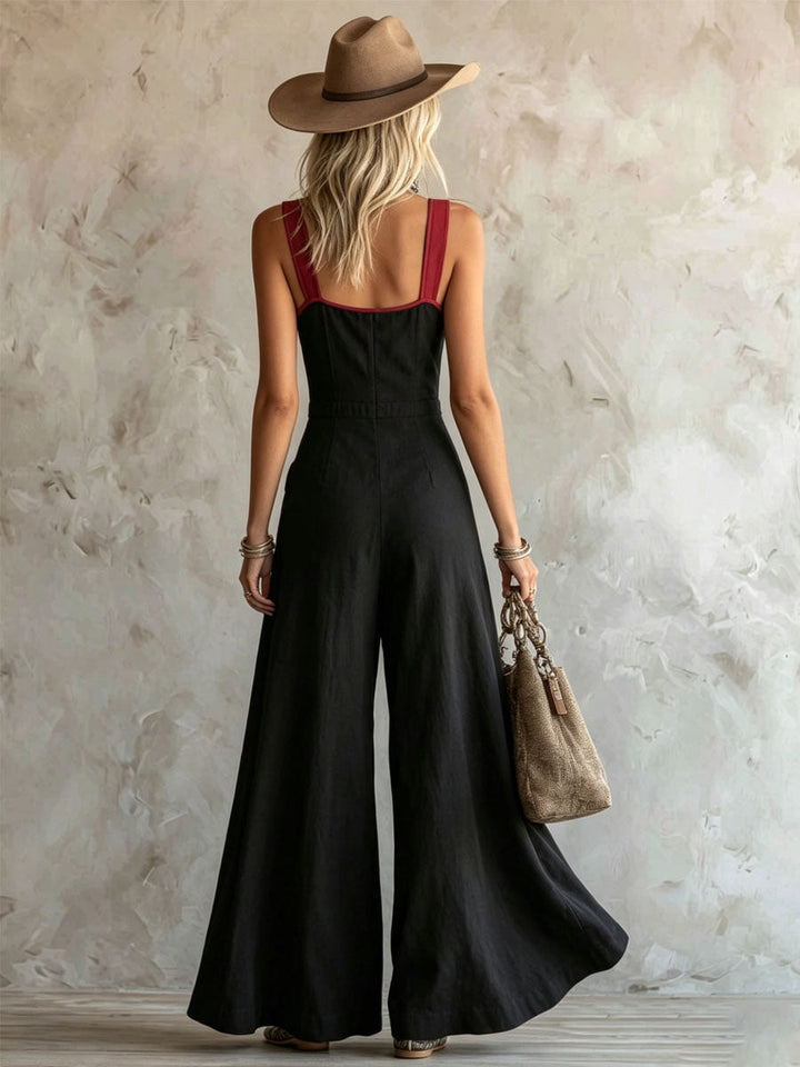 Tracy™ | Wide-strap Color-blocked Zipper Sleeveless Cotton-linen Jumpsuit