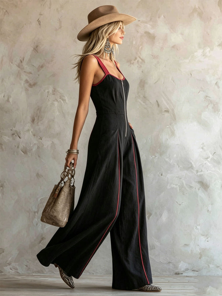 Tracy™ | Wide-strap Color-blocked Zipper Sleeveless Cotton-linen Jumpsuit