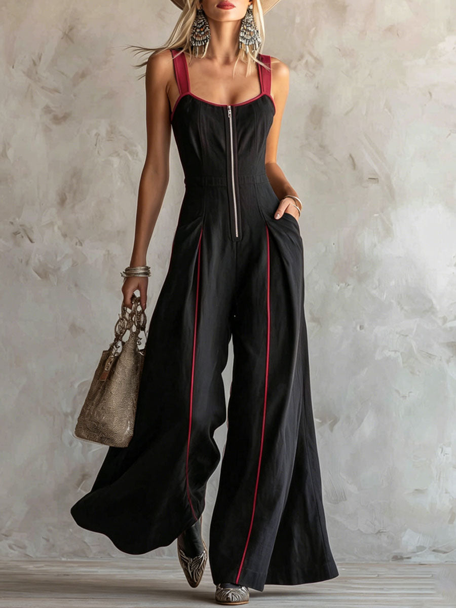 Tracy™ | Wide-strap Color-blocked Zipper Sleeveless Cotton-linen Jumpsuit