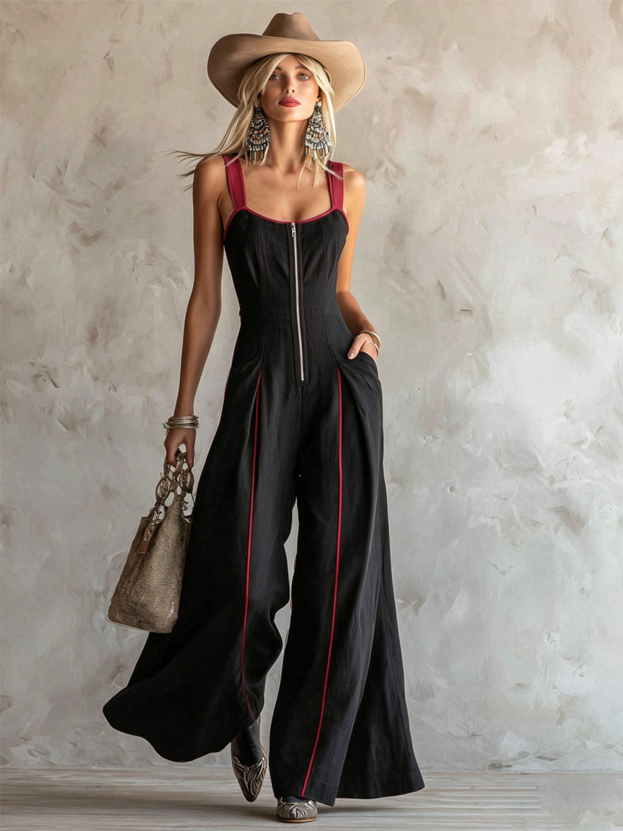 Tracy™ | Wide-strap Color-blocked Zipper Sleeveless Cotton-linen Jumpsuit