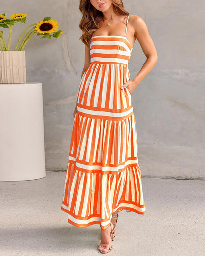 Striped Maxi Dress - Green/White - Sleeveless Summer Dress, Cotton Blend