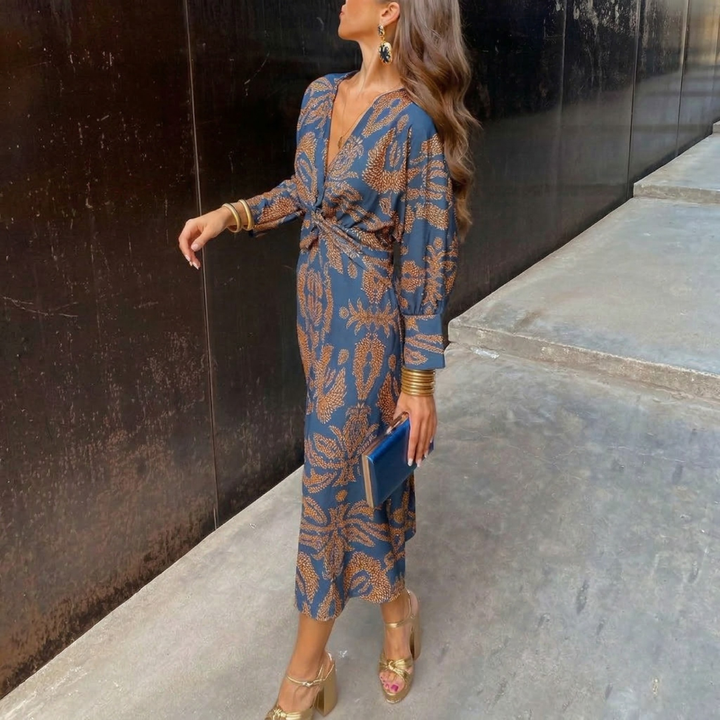 Keira™ – Elegant Midi Dress with Waist Knot and Artistic Print