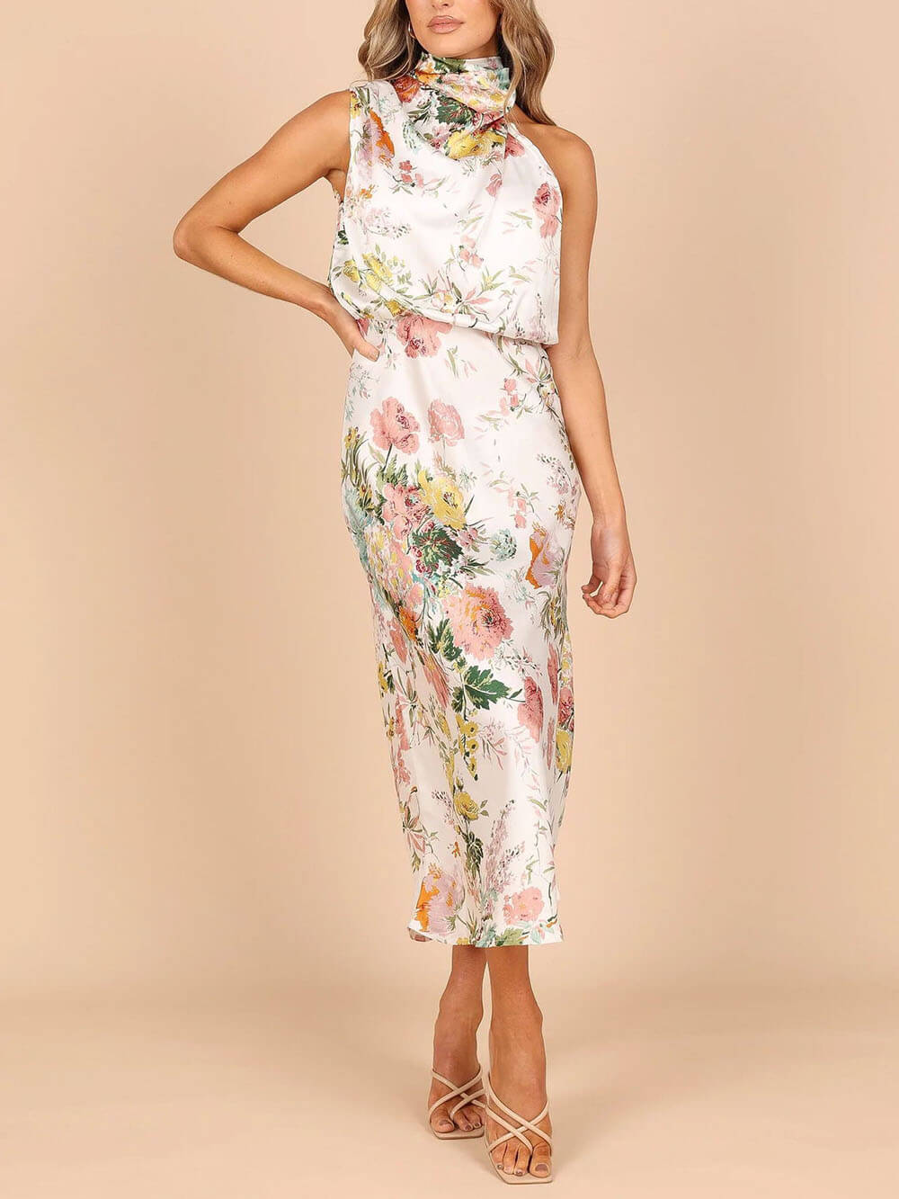 Amelia™ | Floral Halterneck Satin Dress