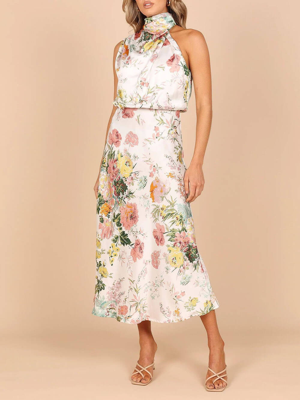 Amelia™ | Floral Halterneck Satin Dress