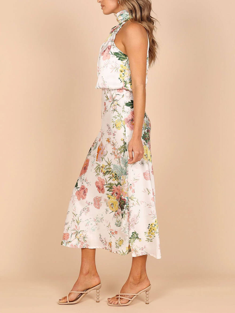 Amelia™ | Floral Halterneck Satin Dress