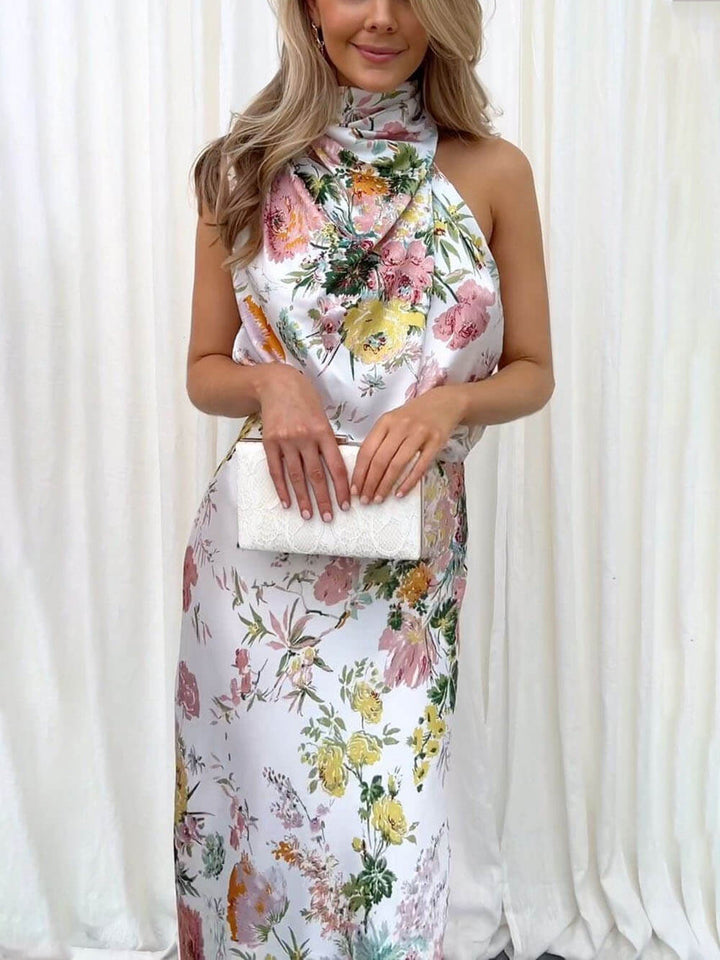 Amelia™ | Floral Halterneck Satin Dress