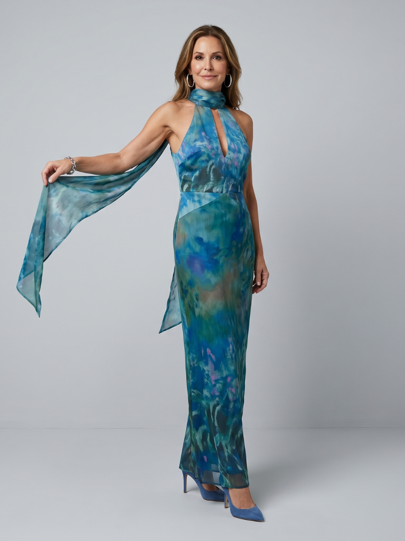 Celeste™ | Elegant Watercolour Halter Maxi Dress