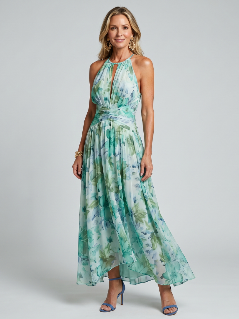 Cate™ | Pleated Halter Soft Floral Pattern Midi Dress