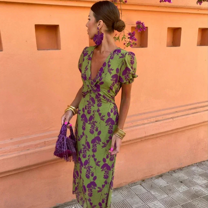 Sophisticated Summer Maxi Dress - Green/Purple Floral, Lightweight, Elegant Fit
