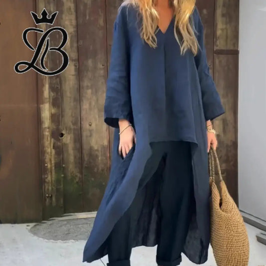 2-Piece V-Neck Relaxed Set with Pockets - Navy Blue Linen Blend Apparel & Accessories > Clothing > Outfit Sets