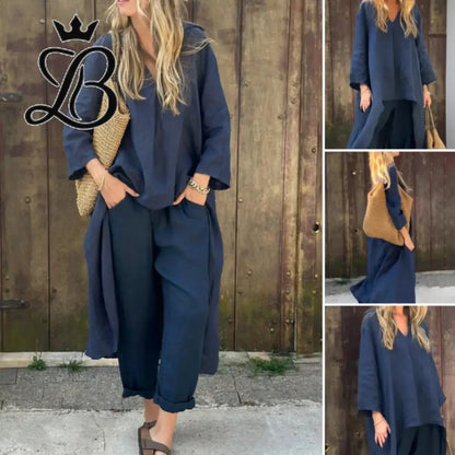2-Piece V-Neck Relaxed Set with Pockets - Navy Blue Linen Blend Apparel & Accessories > Clothing > Outfit Sets