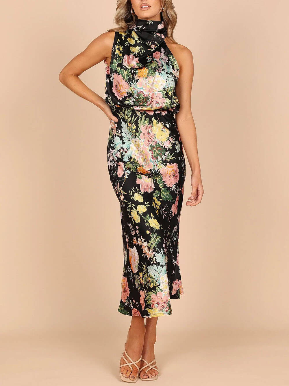 Amelia™ | Floral Halterneck Satin Dress