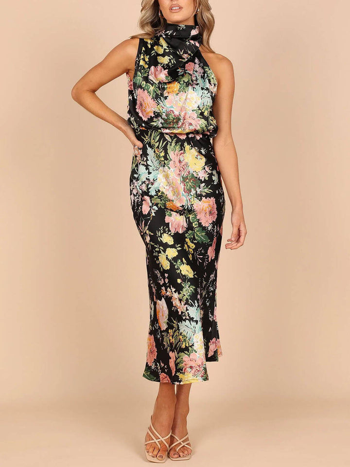 Amelia™ | Floral Halterneck Satin Dress