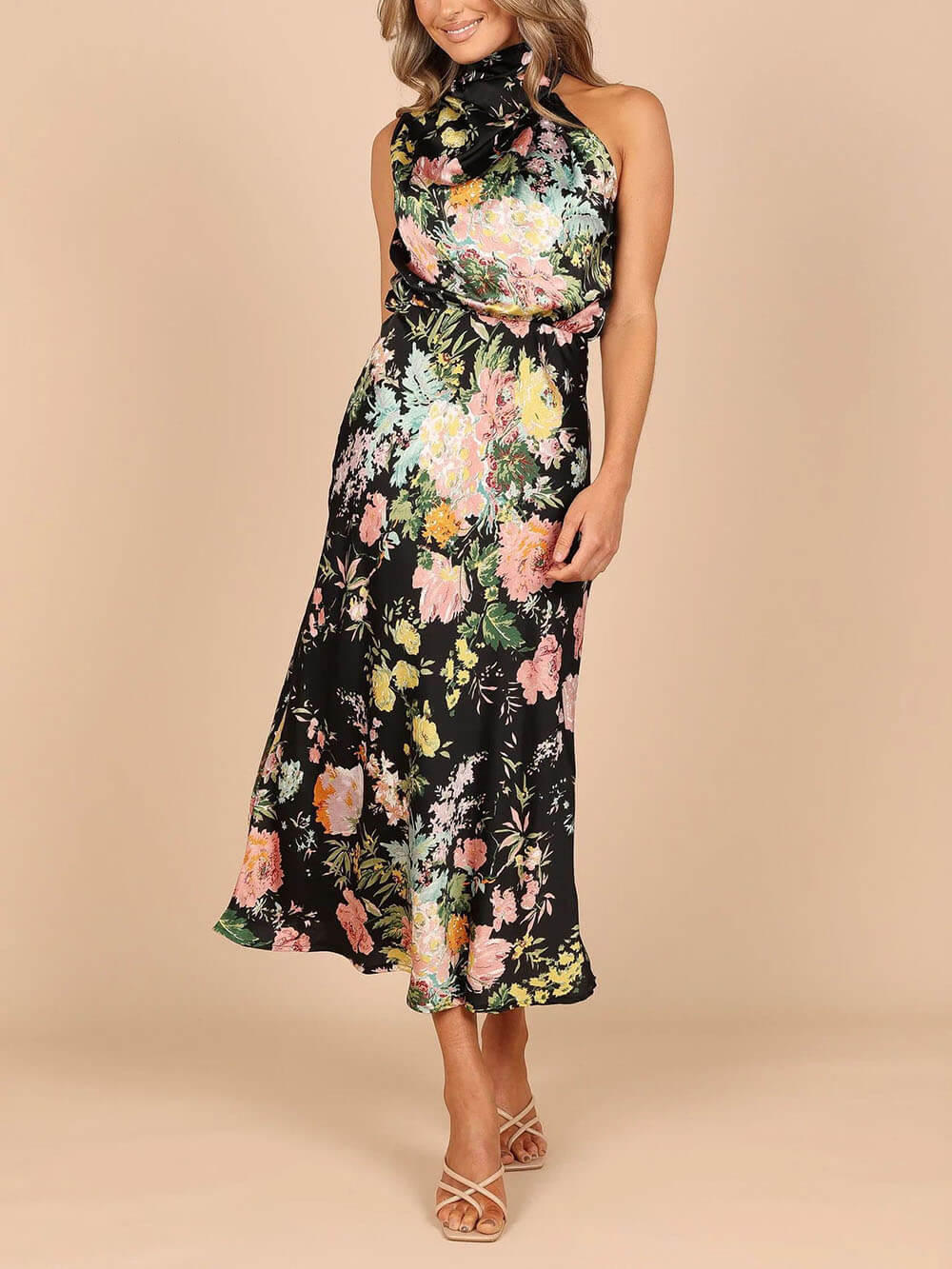 Amelia™ | Floral Halterneck Satin Dress