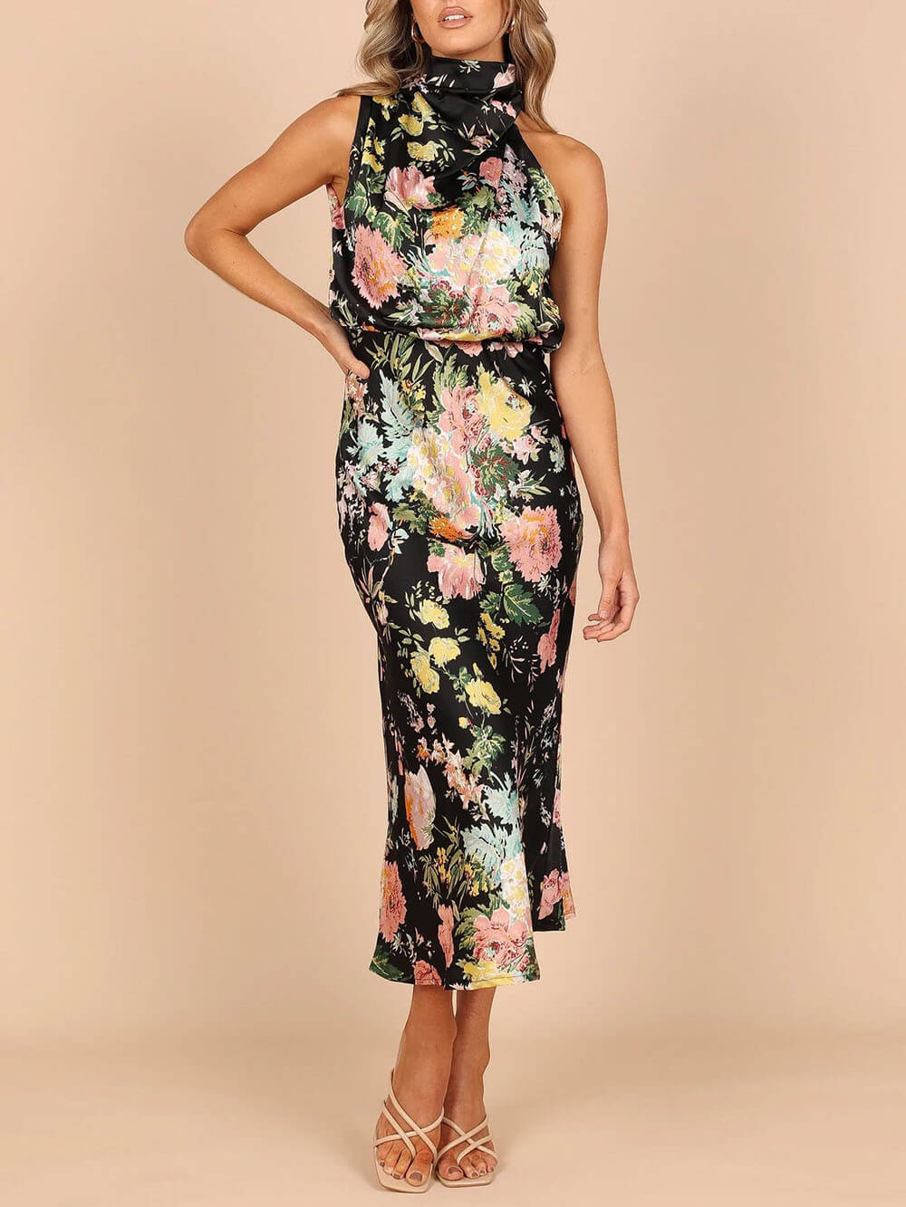 Amelia™ | Floral Halterneck Satin Dress