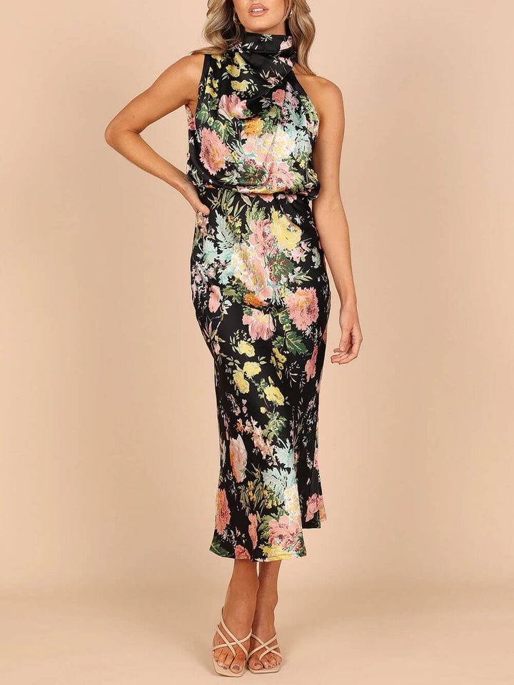 Amelia™ | Floral Halterneck Satin Dress