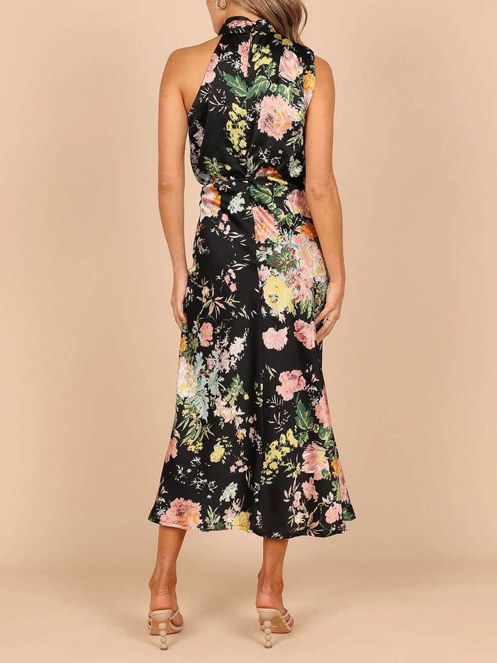 Amelia™ | Floral Halterneck Satin Dress