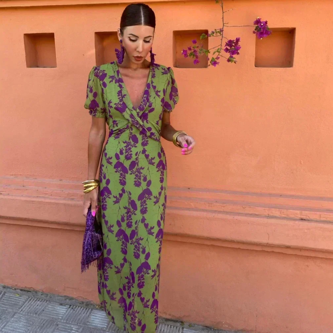 Sophisticated Summer Maxi Dress - Green/Purple Floral, Lightweight, Elegant Fit