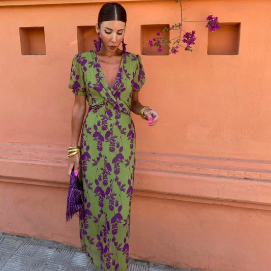 Sophisticated Summer Maxi Dress - Green/Purple Floral, Lightweight, Elegant Fit