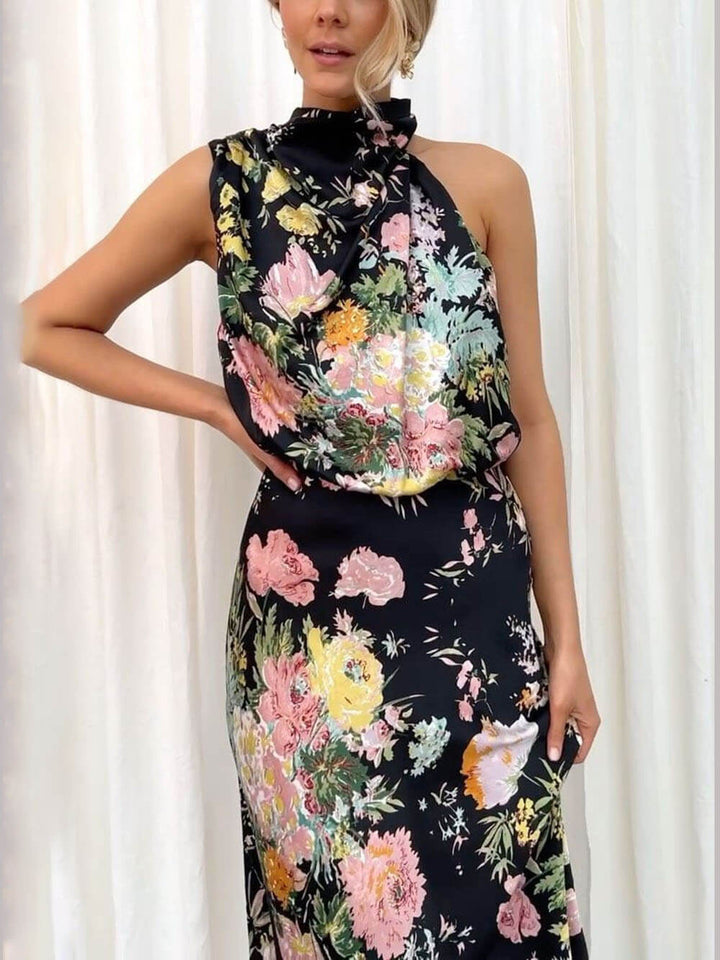 Amelia™ | Floral Halterneck Satin Dress