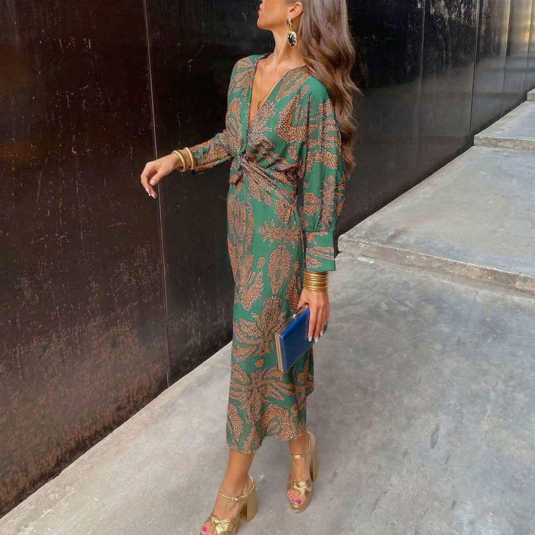 Keira™ – Elegant Midi Dress with Waist Knot and Artistic Print