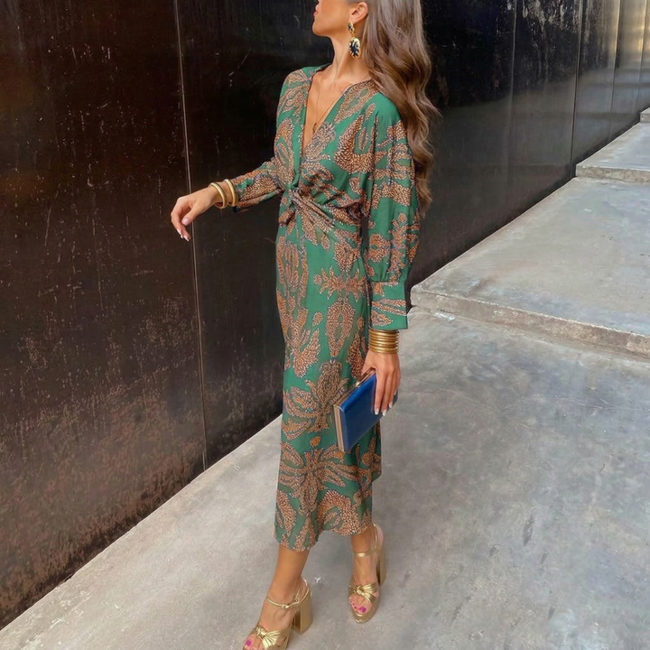 Keira™ – Elegant Midi Dress with Waist Knot and Artistic Print
