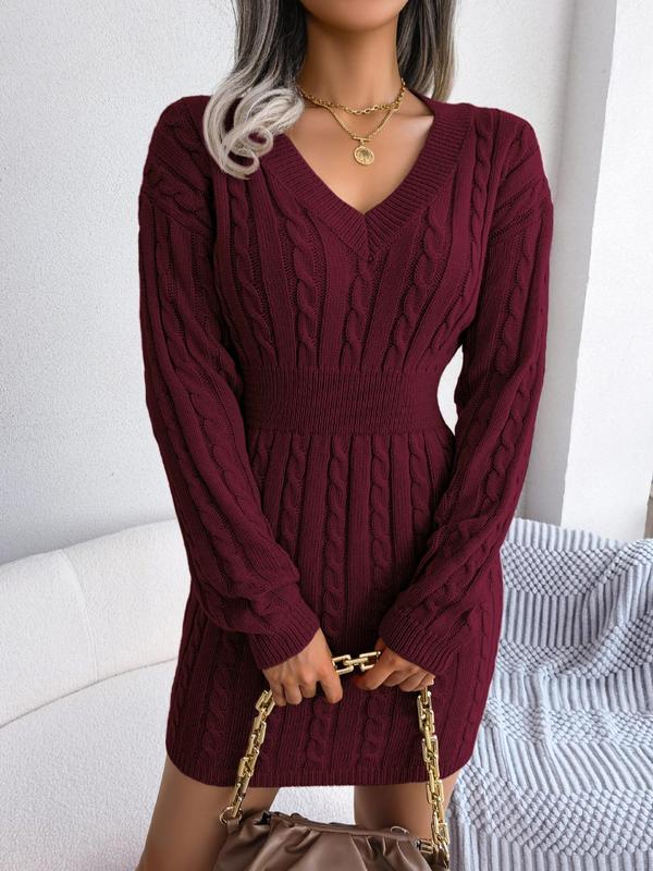 HOLLY - Cozy Long Sleeve V-Neck Cable Knit Sweater Dress