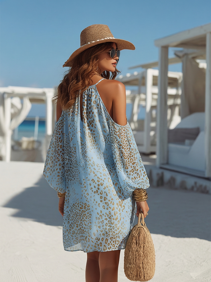 Romantic Bohemian Long-Sleeve Off-Shoulder Leopard Print Blue Chiffon Mini Dress by Lornbridge™