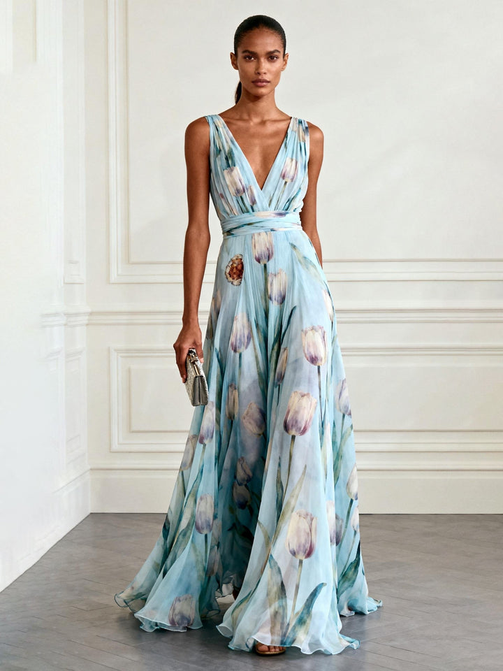 Edith™ - Elegant Tulip Print V-neck Maxi Dress