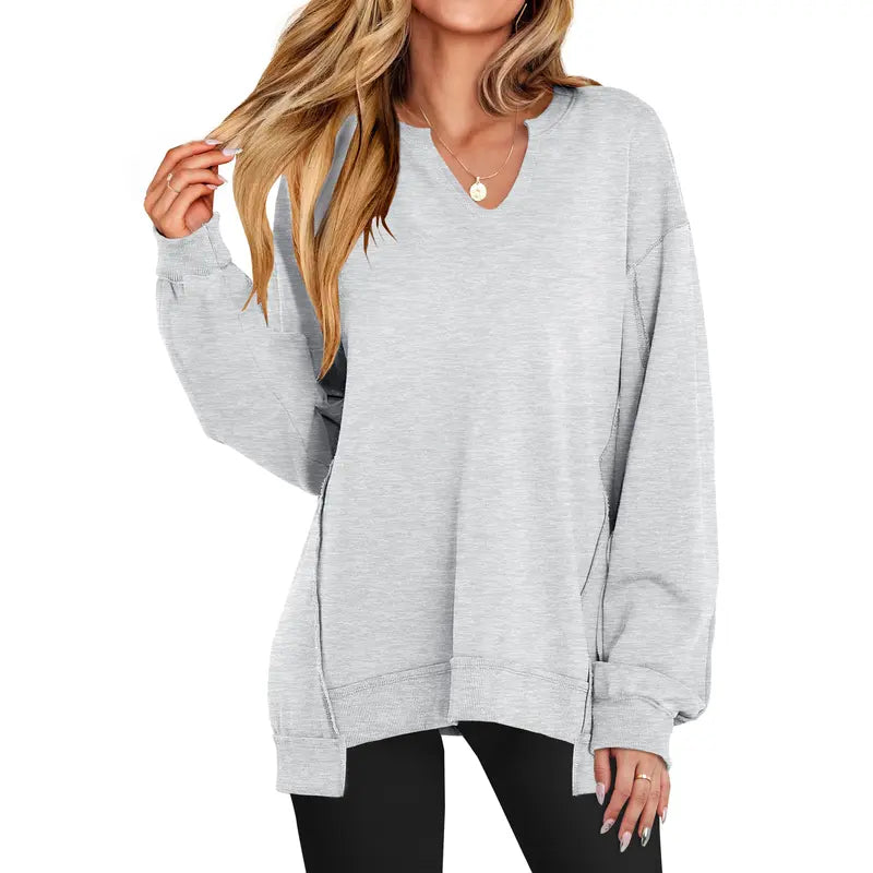 GENEVA - Casual V-Neck Oversized Sweatshirt Lightweight Long Sleeve