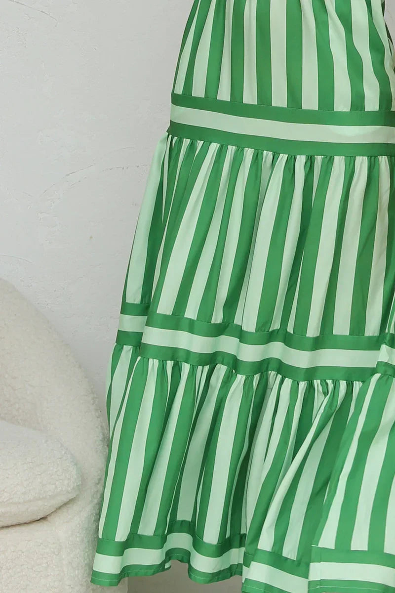Striped Maxi Dress - Green/White - Sleeveless Summer Dress, Cotton Blend