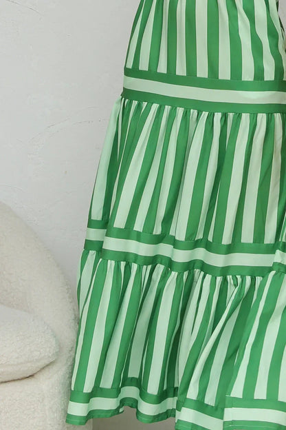Striped Maxi Dress - Green/White - Sleeveless Summer Dress, Cotton Blend