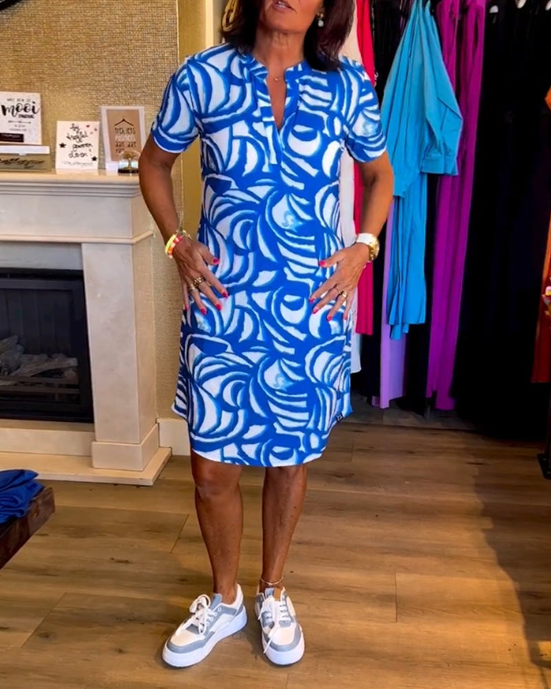 V-Neck Printed Dress – Short Sleeve, Lightweight, Summer Style