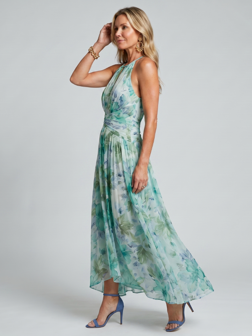 Cate™ | Pleated Halter Soft Floral Pattern Midi Dress