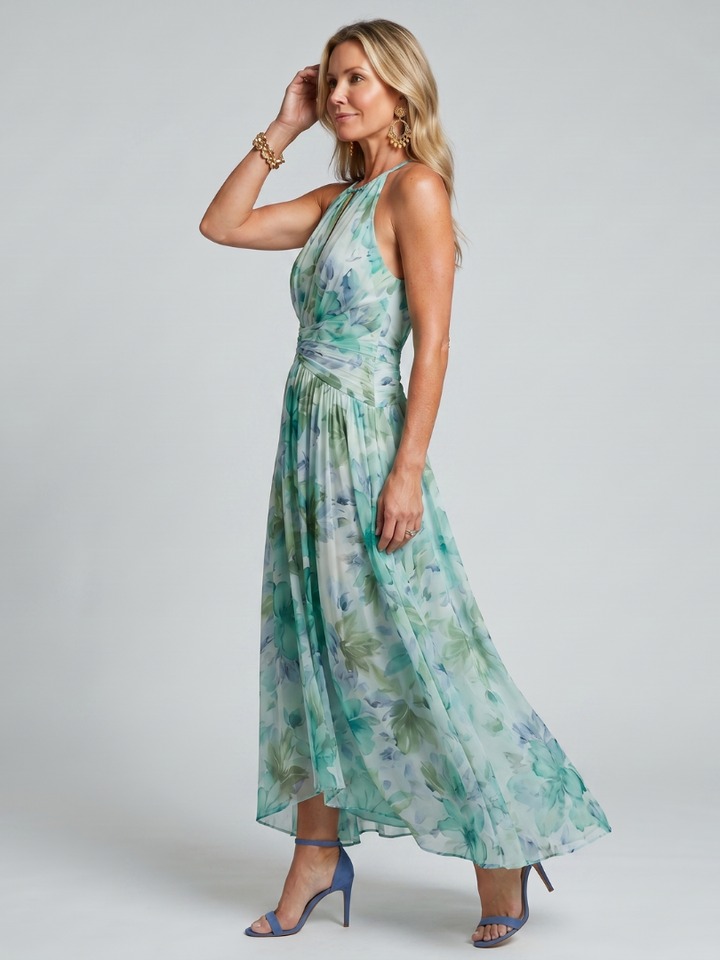 Cate™ | Pleated Halter Soft Floral Pattern Midi Dress