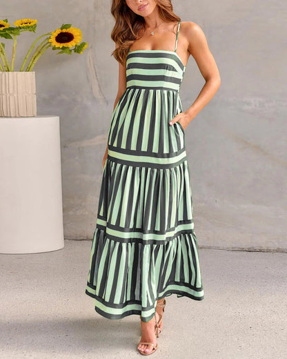 Striped Maxi Dress - Green/White - Sleeveless Summer Dress, Cotton Blend