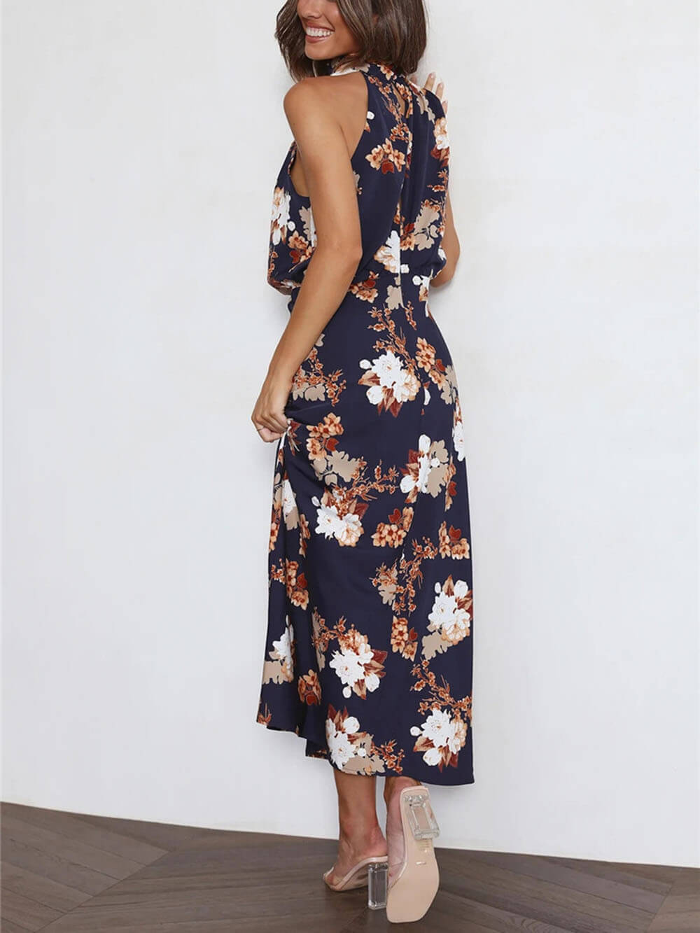 Amelia™ | Floral Halterneck Satin Dress
