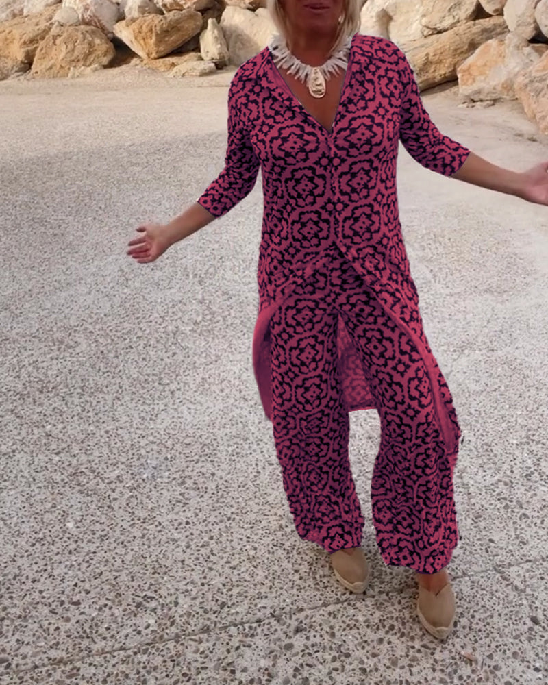 Vintage Printed Two-Piece Set with Lapel Collar and Button Details – Spring/Summer